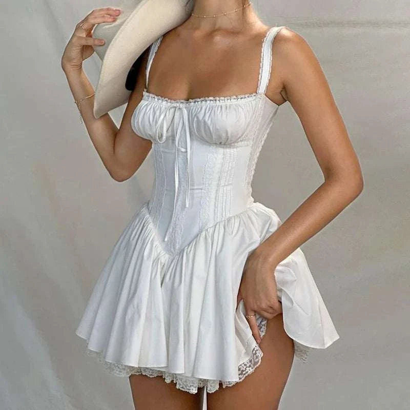 High-quality Lace Panel A-line White Dresses Slim Fit Dress