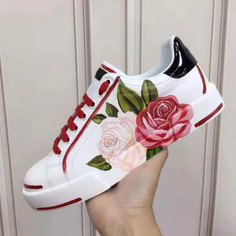 Flats Casual Shoes White Sports Shoes Rose Flowers AppliquesWomen's Flats Casual Shoes White Sports Shoes Rose Flowers Appliques