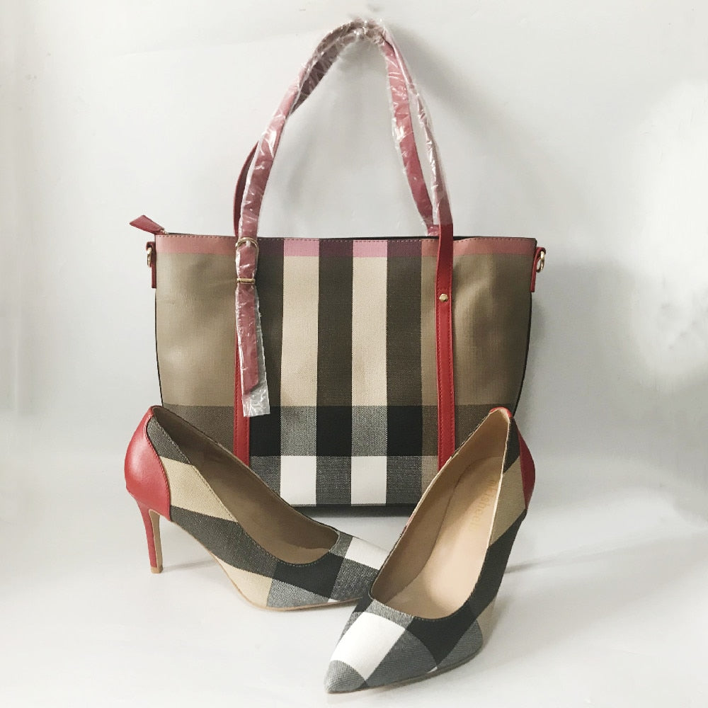 Striped Style Soft Pumps Shoes Match Big Handbag SetsWomen's Striped Style Soft Pumps Shoes Match Big Handbag Sets