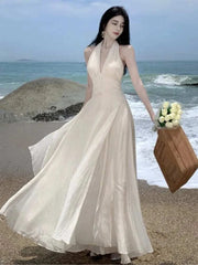 Women Summer Sleeveless Halter Long White Maxi Dress
