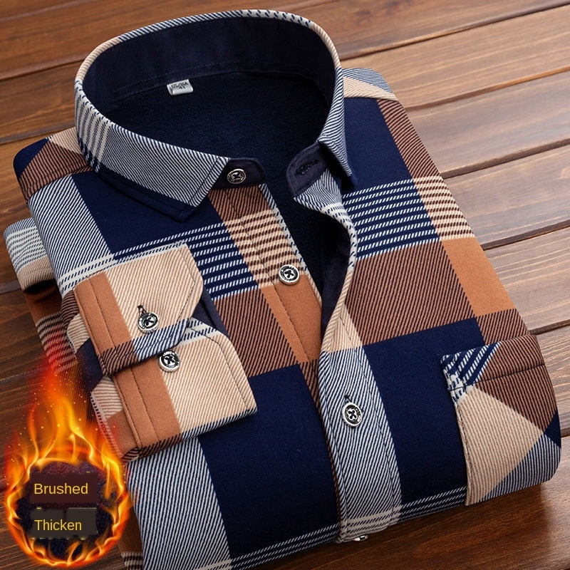 Spring Winter Men's Shirt Long Sleeve Plaid Flannel Fur Lined Shirt - Acapparelstore