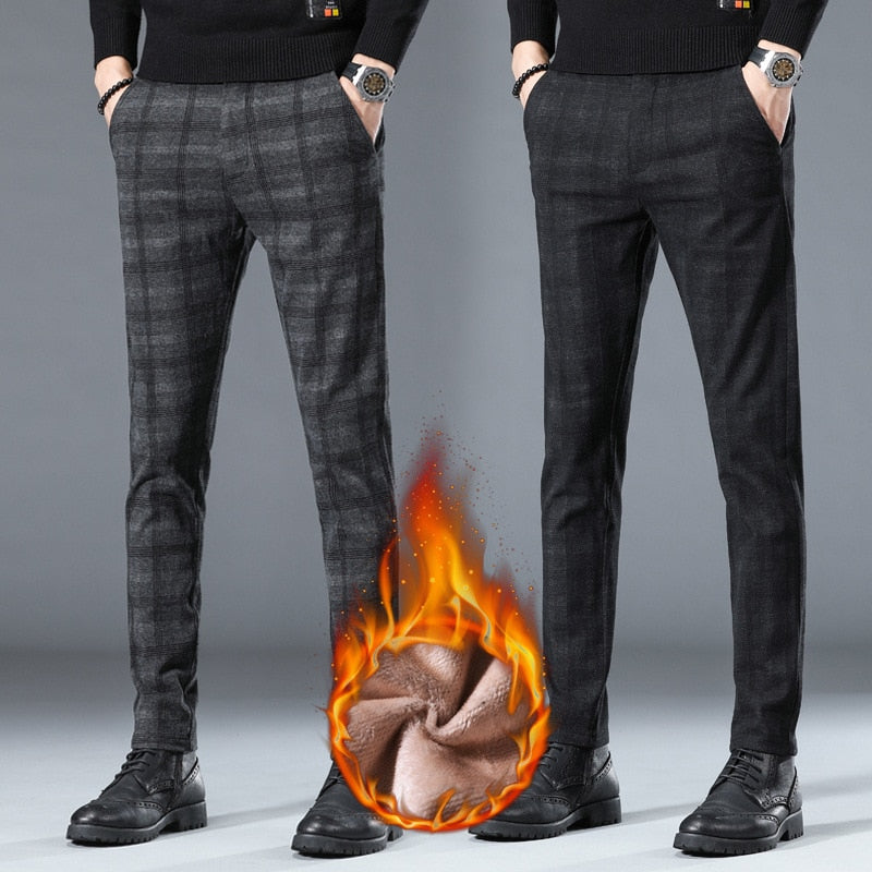 Winter Fleece Pants Men's High-Quality Business Plaid Slim Pant - Acapparelstore