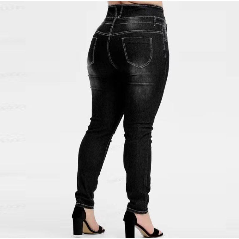 Women's Plus Size Button Up Skinny Black Gray Spring Long Jeans - Acapparelstore
