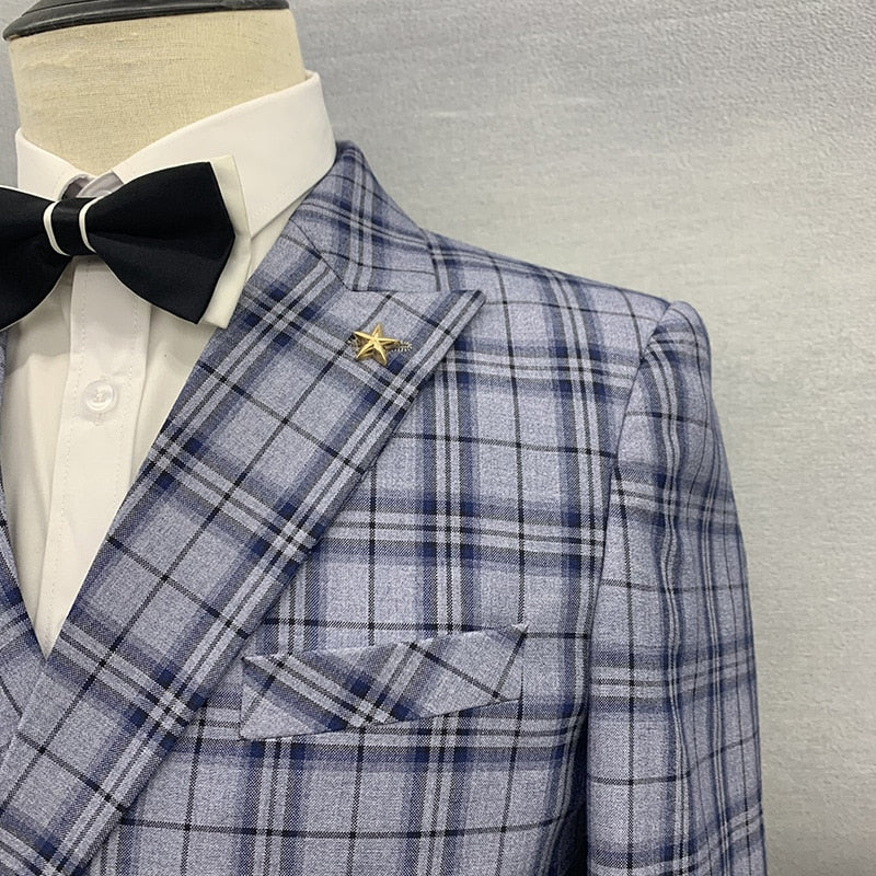 Men'New Men's Fashion Suit Casual Boutique Plaid Slim Double-breasted Suit