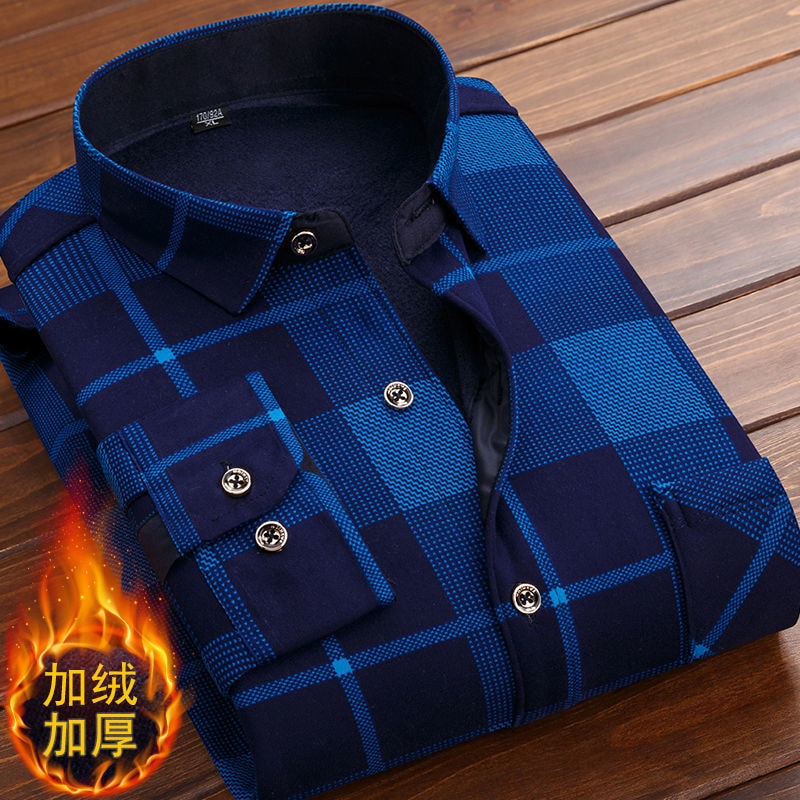 Spring Winter Men's Shirt Long Sleeve Plaid Flannel Fur Lined Shirt - Acapparelstore