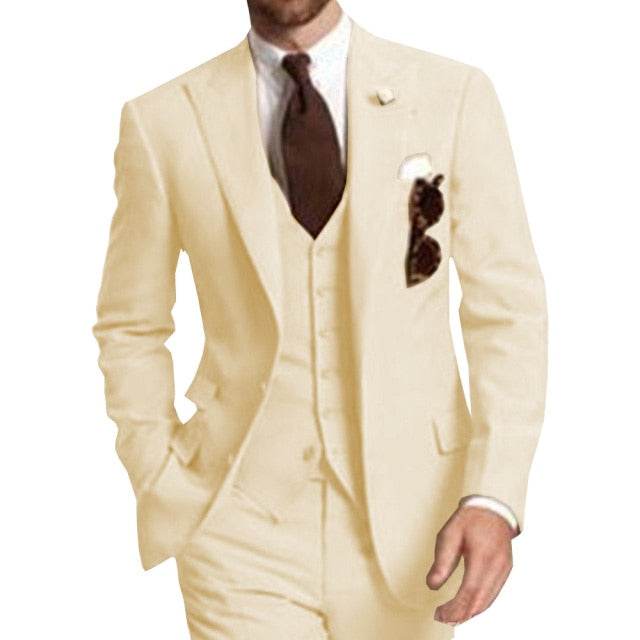 Men Suits Peaked LapelBeige Three Piece Business Party Best Men Suits Peaked Lapel Two Butto