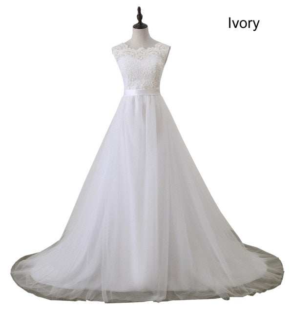 Line Lace Beach Wedding Dress Scoop Neck White Bridal GownA Line Lace Beach Wedding Dress Scoop Neck White Bridal Gown