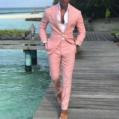 Pink Classic Suit Solid BlazerMen's Pink Classic Suit Solid Blazer And Pants One Button OL Office We
