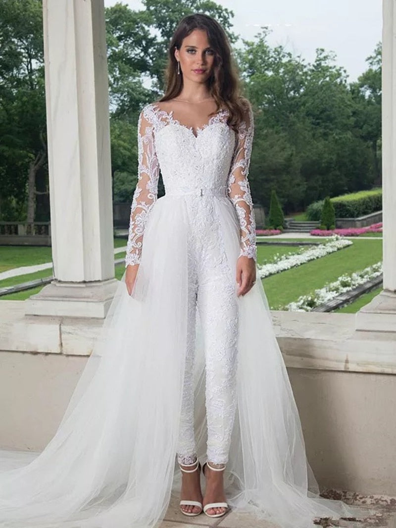 Elegant Long Sleeve Jumpsuit Wedding Dresses With Detachable Train - Acapparelstore