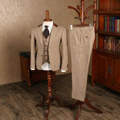 Men's Brown Classic Plaid Tweed Suit Slim fit Wedding Tuxedo 3 Piece - Acapparelstore