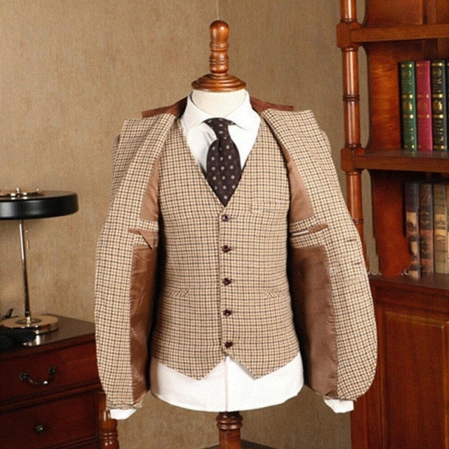 Men's Brown Classic Plaid Tweed Suit Slim fit Wedding Tuxedo 3 Piece - Acapparelstore