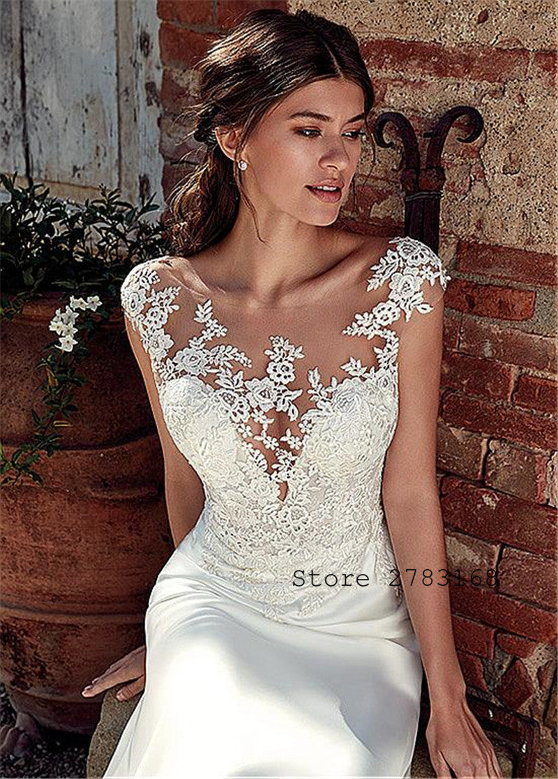 Scoop Short Sleeves Lace Appliques Mermaid Wedding Dresses - Acapparelstore