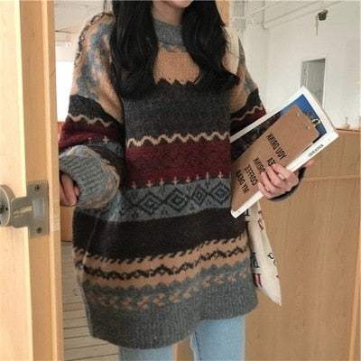 Warm Winter Sweater Knit Jumpers Loose Striped SweaterWomen's Warm Winter Sweater Knit Jumpers Loose Striped Sweater