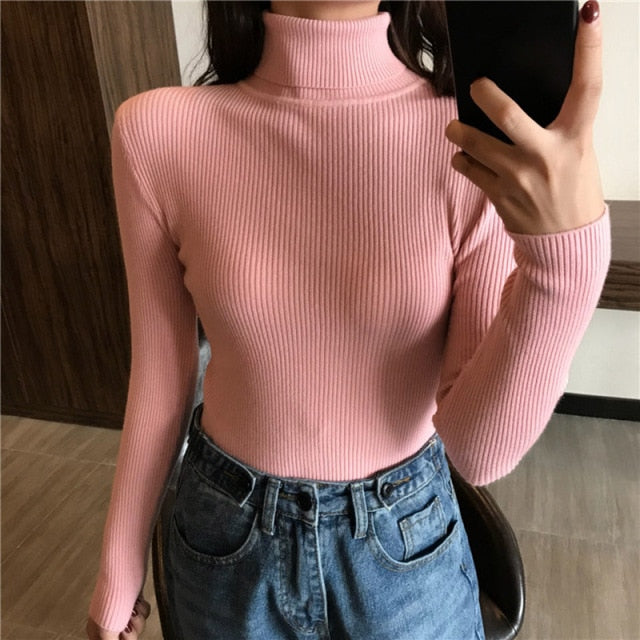 Autumn Winter Women Thick Sweater Knitted Ribbed Turtleneck Sweaters - Acapparelstore
