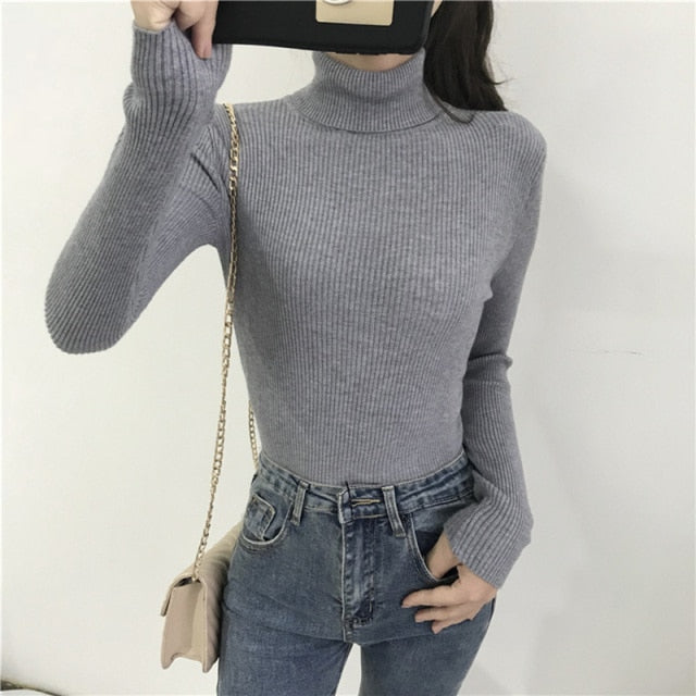 Autumn Winter Women Thick Sweater Knitted Ribbed Turtleneck Sweaters - Acapparelstore