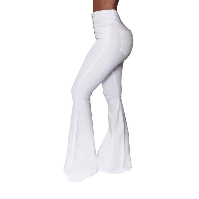 White Bell Bottom Jeans Women Autumn Fashion Button High Waist Jeans - Acapparelstore