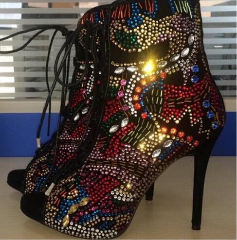 Women's Boots Multicolor Crystal Ankle Boots Open Toe Lace-up Shoes - Acapparelstore